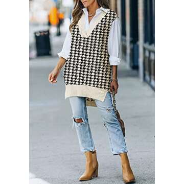 Viottiset Women's Oversized V Neck Houndstooth Knit Sweater Vest Sleeveless Tunic Top Apricot Small