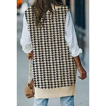 Viottiset Women's Oversized V Neck Houndstooth Knit Sweater Vest Sleeveless Tunic Top Apricot Small