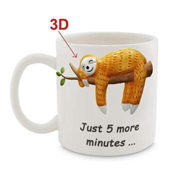 Decodyne Funny Sloth Coffee Mug, Cute Sloth Gifts For Women and Men, 3D Coffee Mugs (Just 5 More Minutes)