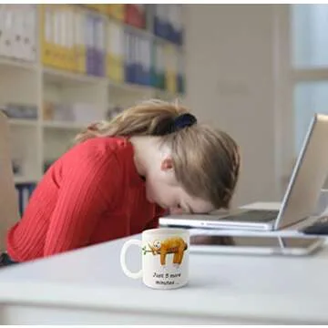 Decodyne Funny Sloth Coffee Mug, Cute Sloth Gifts For Women and Men, 3D Coffee Mugs (Just 5 More Minutes)