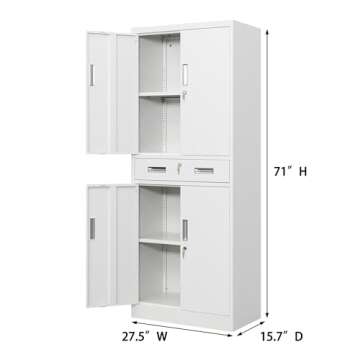 CJF Metal Storage Cabinets with Drawer and Adjustable Shelves, Locking Storage Cabinet for Pantry Kitchen Home Office Garage Living Dining Room (White)