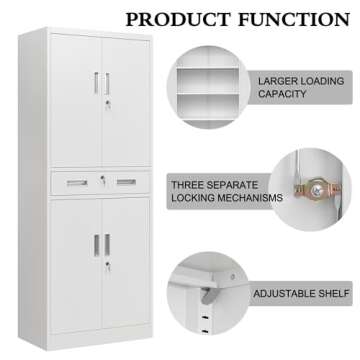 CJF Metal Storage Cabinets with Drawer and Adjustable Shelves, Locking Storage Cabinet for Pantry Kitchen Home Office Garage Living Dining Room (White)
