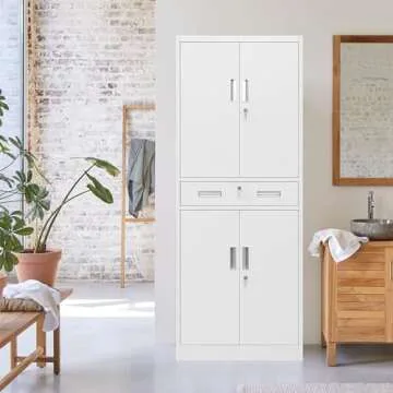 CJF Metal Storage Cabinets with Drawer and Adjustable Shelves, Locking Storage Cabinet for Pantry Kitchen Home Office Garage Living Dining Room (White)