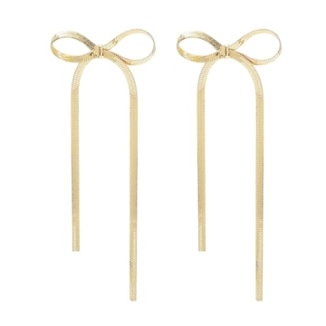 14K Gold Plated Bow Earrings for Women Long Tassel Chain Earrings Wedding Statement Jewelry Ribbon S...