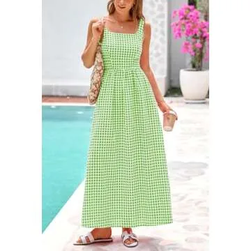 PRETTYGARDEN Women's Summer Spaghetti Strap Maxi Dresses Plaid Square Neck A Line Smocked Casual Vacation Long Sundress (Green,X-Large)