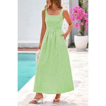 PRETTYGARDEN Women's Summer Spaghetti Strap Maxi Dresses Plaid Square Neck A Line Smocked Casual Vacation Long Sundress (Green,X-Large)
