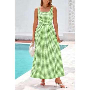 PRETTYGARDEN Women's Summer Spaghetti Strap Maxi Dresses Plaid Square Neck A Line Smocked Casual Vacation Long Sundress (Green,X-Large)