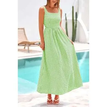 PRETTYGARDEN Women's Summer Spaghetti Strap Maxi Dresses Plaid Square Neck A Line Smocked Casual Vacation Long Sundress (Green,X-Large)