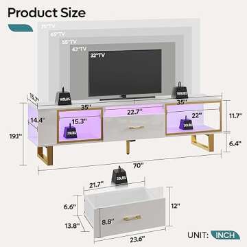 Bestier TV Stand with LED Light for TVs up to 80 Inch, White Entertainment Center with Open Storage and Half-Glass Design Drawer, Modern High Gloss Media Console for Living Room, White and Gold