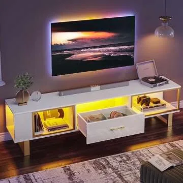 Bestier TV Stand with LED Light for TVs up to 80 Inch, White Entertainment Center with Open Storage and Half-Glass Design Drawer, Modern High Gloss Media Console for Living Room, White and Gold