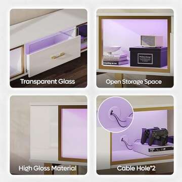 Bestier TV Stand with LED Light for TVs up to 80 Inch, White Entertainment Center with Open Storage and Half-Glass Design Drawer, Modern High Gloss Media Console for Living Room, White and Gold