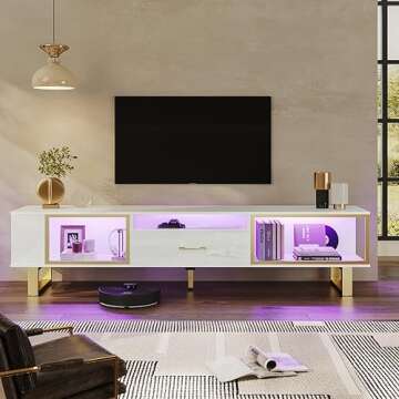 Bestier TV Stand with LED Light for TVs up to 80 Inch, White Entertainment Center with Open Storage and Half-Glass Design Drawer, Modern High Gloss Media Console for Living Room, White and Gold
