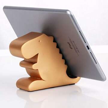 Plinrise Desk Tyrannosaurus Cell Phone Stand Mounts, Compatible Cute Dinosaur Stand for Mobile Phone & Tablet, Decorative Candy Color Phone Holder for Home & Office (Gold)