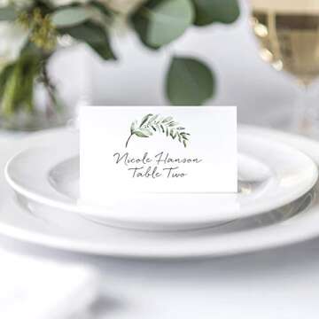 Bliss Collections Greenery Place Cards for Wedding or Party, Seating Place Cards for Tables, Scored for Easy Folding, 50 Pack, 2 x 3.5 Inches