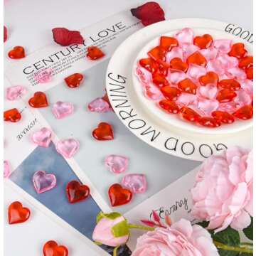 CHRORINE 70 Pcs Acrylic Heart Ornaments Translucent Hearts Shaped Gems Crystals for Table Scatter Decoration/Vase Fillers/Artwork in Valentine or Wedding Party- Red,Pink