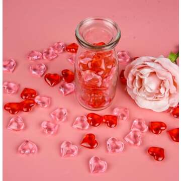 CHRORINE 70 Pcs Acrylic Heart Ornaments Translucent Hearts Shaped Gems Crystals for Table Scatter Decoration/Vase Fillers/Artwork in Valentine or Wedding Party- Red,Pink