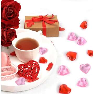 CHRORINE 70 Pcs Acrylic Heart Ornaments Translucent Hearts Shaped Gems Crystals for Table Scatter Decoration/Vase Fillers/Artwork in Valentine or Wedding Party- Red,Pink