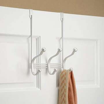iDesign York Metal Over the Door Organizer, 3-Hook Rack for Coats, Hats, Robes, Towels, Jackets, Purses, Bedroom, Closet, and Bathroom, 8.25" x 5.25" x 10.75", White