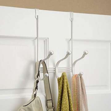 iDesign York Metal Over the Door Organizer, 3-Hook Rack for Coats, Hats, Robes, Towels, Jackets, Purses, Bedroom, Closet, and Bathroom, 8.25" x 5.25" x 10.75", White