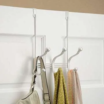 iDesign York Metal Over the Door Organizer, 3-Hook Rack for Coats, Hats, Robes, Towels, Jackets, Purses, Bedroom, Closet, and Bathroom, 8.25" x 5.25" x 10.75", White