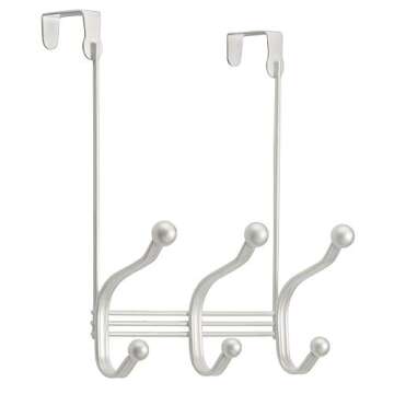 iDesign York Metal Over the Door Organizer, 3-Hook Rack for Coats, Hats, Robes, Towels, Jackets, Purses, Bedroom, Closet, and Bathroom, 8.25" x 5.25" x 10.75", White