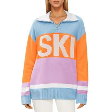 Sweaters for Women Trendy Long Sleeve Color Block Zip Up Ski Printed Lapel Neck Loose Pullover Tops Light Blue