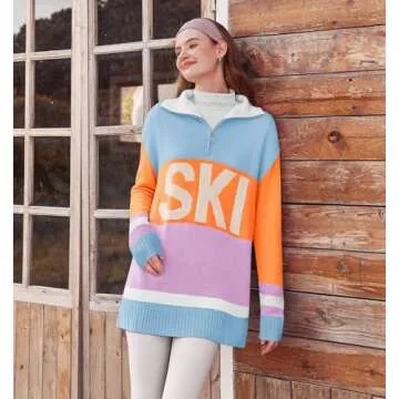 Sweaters for Women Trendy Long Sleeve Color Block Zip Up Ski Printed Lapel Neck Loose Pullover Tops Light Blue