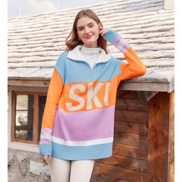 Sweaters for Women Trendy Long Sleeve Color Block Zip Up Ski Printed Lapel Neck Loose Pullover Tops Light Blue