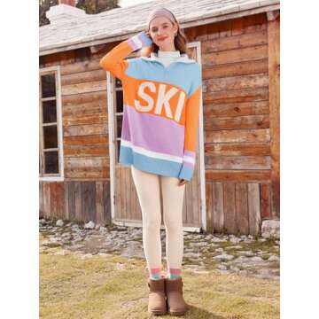 Sweaters for Women Trendy Long Sleeve Color Block Zip Up Ski Printed Lapel Neck Loose Pullover Tops Light Blue
