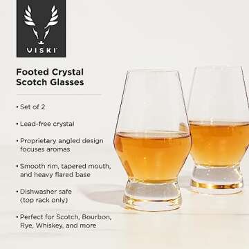Viski Footed Crystal Scotch Glasses Set of 2 - Premium Liquor Drinking Glass, Classic Whiskey Bourbo...