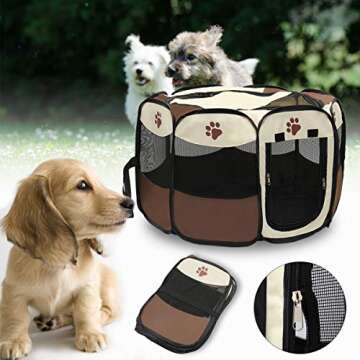 Portable Pet Playpen, Foldable Dog Playpens, Indoor/Outdoor Pet Exercise Kennel Tent Mesh Shade Cover Travel Dog Play Tent for Puppies/Dogs/Cats/Rabbits (M:35"*35"*24", Brown)