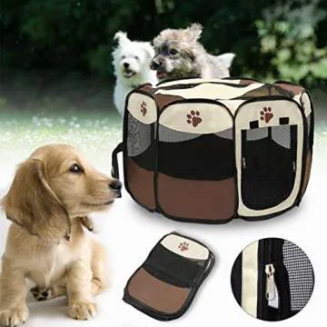 Portable Pet Playpen, Foldable Dog Playpens, Indoor/Outdoor Pet Exercise Kennel Tent Mesh Shade Cover Travel Dog Play Tent for Puppies/Dogs/Cats/Rabbits (M:35"*35"*24", Brown)