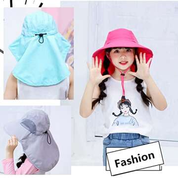 Kids Girls Sun Hat with Neck Flap - Adjustable Children Wide Brim Summer UPF50+ Sun Protection Mesh Bucket(Rose Red)