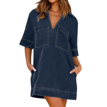 CHARTOU Women Loose Denim Dress Short Sleeve Casual Summer Dress Turn Down Pullover Vintage Tunic Je...