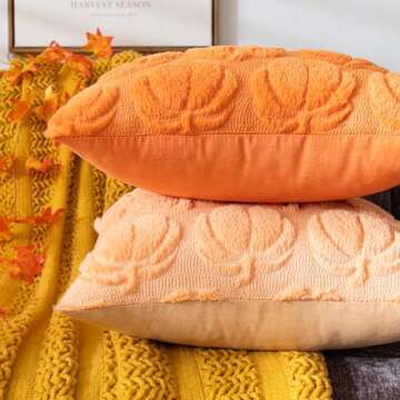 COSIBONO Pumpkin Fall Decorative Throw Pillow Covers 18"x18", Set of 2 Light Gold Soft Faux Fur Pillow Covers for Autumn Harvest, Fluffy Plush Accent Pillow Cases for Farmhouse Couch Cushion Covers