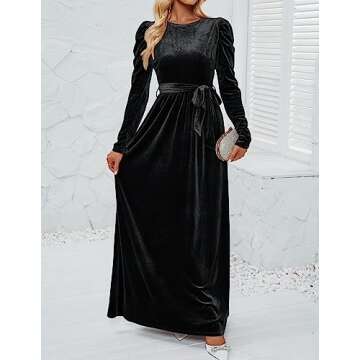 ZESICA Women's Velvet Maxi Dress Long Puff Sleeve Crew Neck Elastic High Waist Cocktail Party Brides...