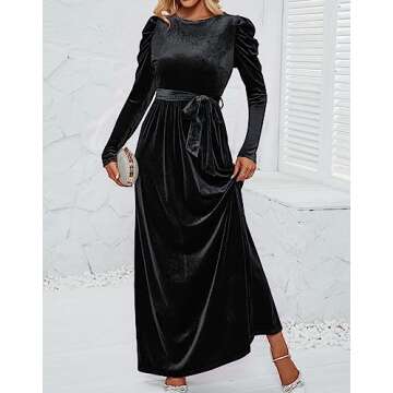 ZESICA Women's Velvet Maxi Dress Long Puff Sleeve Crew Neck Elastic High Waist Cocktail Party Bridesmaid Dresses,Black,Medium
