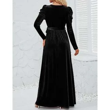 ZESICA Women's Velvet Maxi Dress Long Puff Sleeve Crew Neck Elastic High Waist Cocktail Party Bridesmaid Dresses,Black,Medium