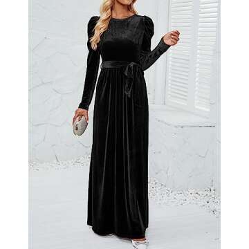 ZESICA Women's Velvet Maxi Dress Long Puff Sleeve Crew Neck Elastic High Waist Cocktail Party Bridesmaid Dresses,Black,Medium