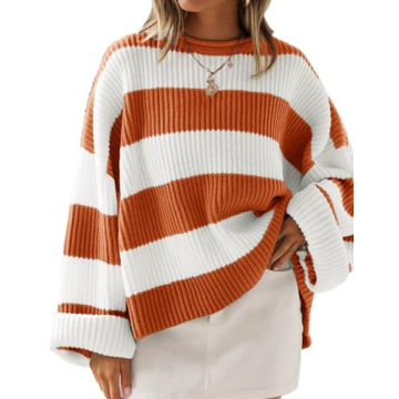 ZESICA Women's Fall Long Sleeve Crew Neck Striped Oversized Pullover Sweater, Orange, X-Large