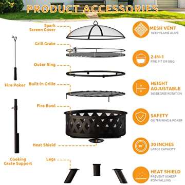 Amopatio Fire Pit for Outside, 30 Inch Large Outdoor Wood Burning Fire Pits, Patio Backyard Firepit with Steel BBQ Grill Cooking Grate, Spark Screen & Poker for Garden, Bonfire, Camping, Picnic