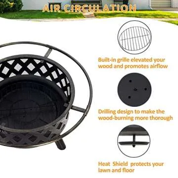 Amopatio Fire Pit for Outside, 30 Inch Large Outdoor Wood Burning Fire Pits, Patio Backyard Firepit with Steel BBQ Grill Cooking Grate, Spark Screen & Poker for Garden, Bonfire, Camping, Picnic