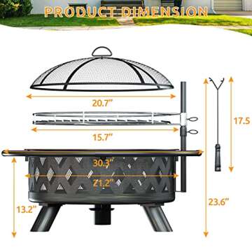 Amopatio Fire Pit for Outside, 30 Inch Large Outdoor Wood Burning Fire Pits, Patio Backyard Firepit with Steel BBQ Grill Cooking Grate, Spark Screen & Poker for Garden, Bonfire, Camping, Picnic