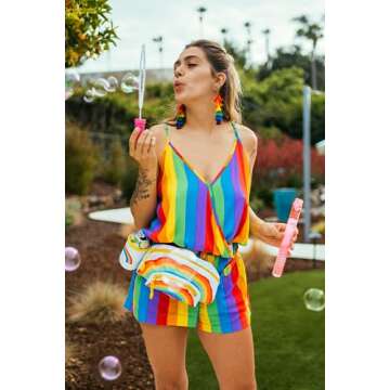 Tipsy Elves Multicolor Women's Cut Allover Rainbow Striped Romper for Pride Festivals and Summer Size Medium