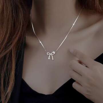 LIYAPEI Silver Rhinestone Bow Necklace for Women, Tiny Dainty Silver Plated Bowknot Pendant Choker N...