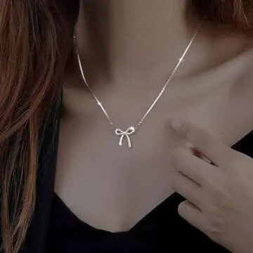 LIYAPEI Silver Rhinestone Bow Necklace for Women, Tiny Dainty Silver Plated Bowknot Pendant Choker N...