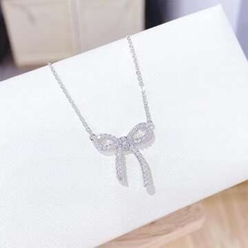 LIYAPEI Silver Rhinestone Bow Necklace for Women, Tiny Dainty Silver Plated Bowknot Pendant Choker Necklace Makes A Cute Bow Jewelry Gift for Women Girls