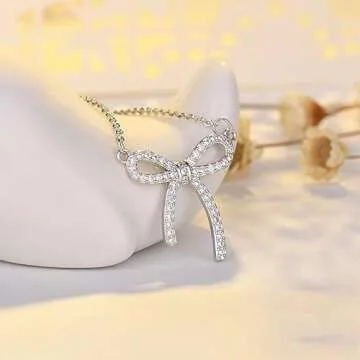 LIYAPEI Silver Rhinestone Bow Necklace for Women, Tiny Dainty Silver Plated Bowknot Pendant Choker Necklace Makes A Cute Bow Jewelry Gift for Women Girls