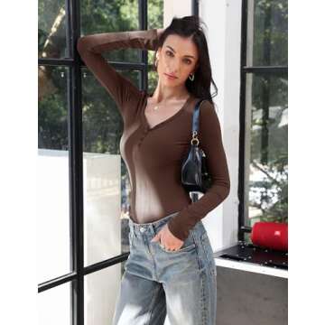 Prettywear Long Sleeve Shirts for Women Henley V Neck Button Tight Slim Fitted Top Going Out Tee 2025 Trendy Spring Fall (Coffee, S)