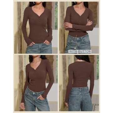 Prettywear Long Sleeve Shirts for Women Henley V Neck Button Tight Slim Fitted Top Going Out Tee 2025 Trendy Spring Fall (Coffee, S)